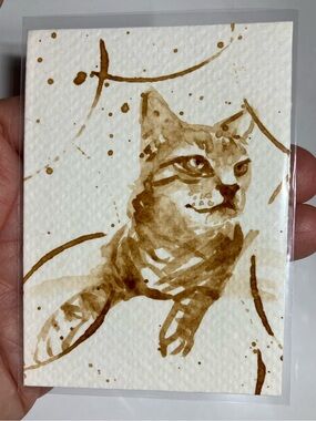 Aceo original cat coffee painting tabby kitten ATC fun art gift treat yourself